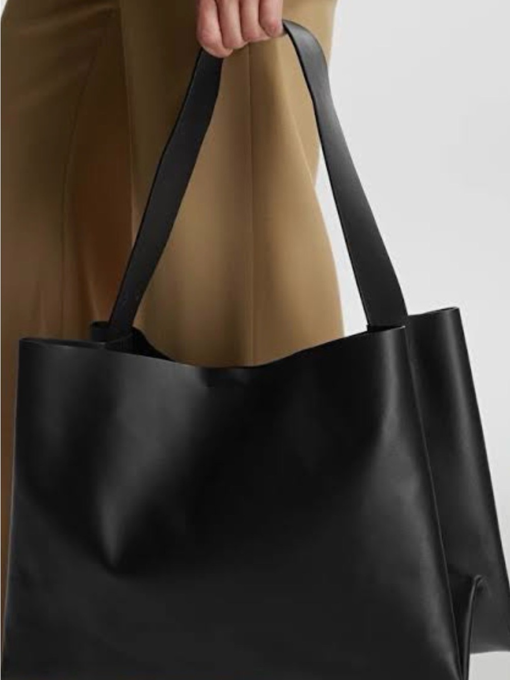 COS Black Leather Tote with interior drawstring pouch